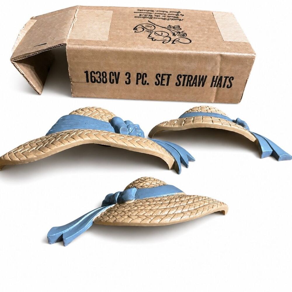 Home Interiors Homco Burwood 3 Piece Straw Hat Wall Hanging Set 1638CV